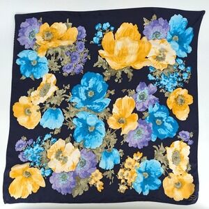 Oscar de la Renta Silk Scarf Navy Blue Yellow Floral Poppy Square 34in